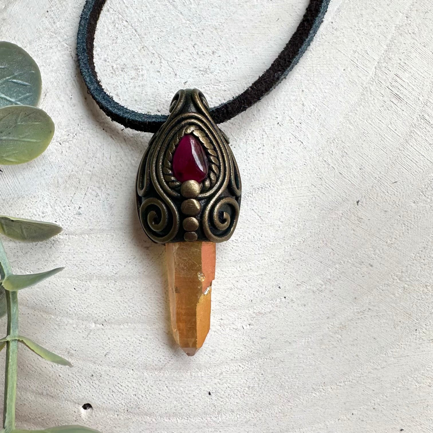 Handmade crystal necklace with Sunset Aura Quartz and Rhodolite Garnet for meditation, rituals, and altar tools.