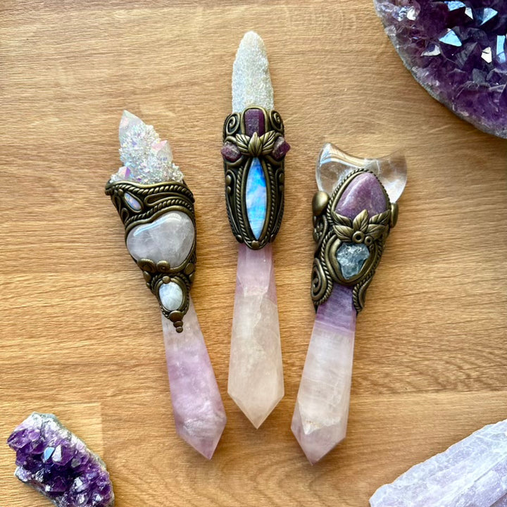 Lavender Fluorite Wand, Clear Quartz Moon, Lepidolite and Celestite Handmade Crystal Wand - FairyGardenGlow