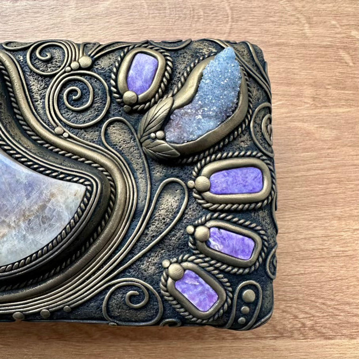Handmade Wooden Box with Crystals – Moonstone Moon, Blue Chalcedony, Rose Quartz, Tanzanite, Charoite & Aqua Aura Spirit Quartz - FairyGardenGlow