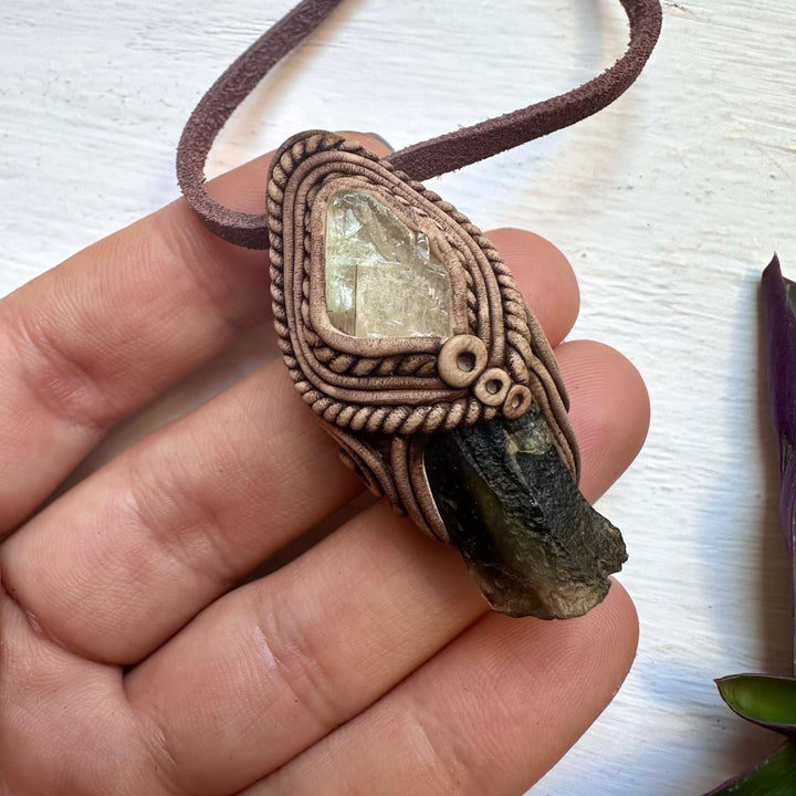 Moldavite and Hiddenite Pendant Necklace - FairyGardenGlow