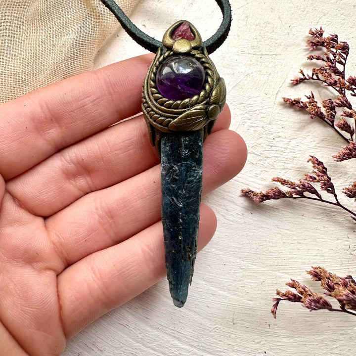 Blue Kyanite Amethyst and Raw Spinel Necklace - FairyGardenGlow
