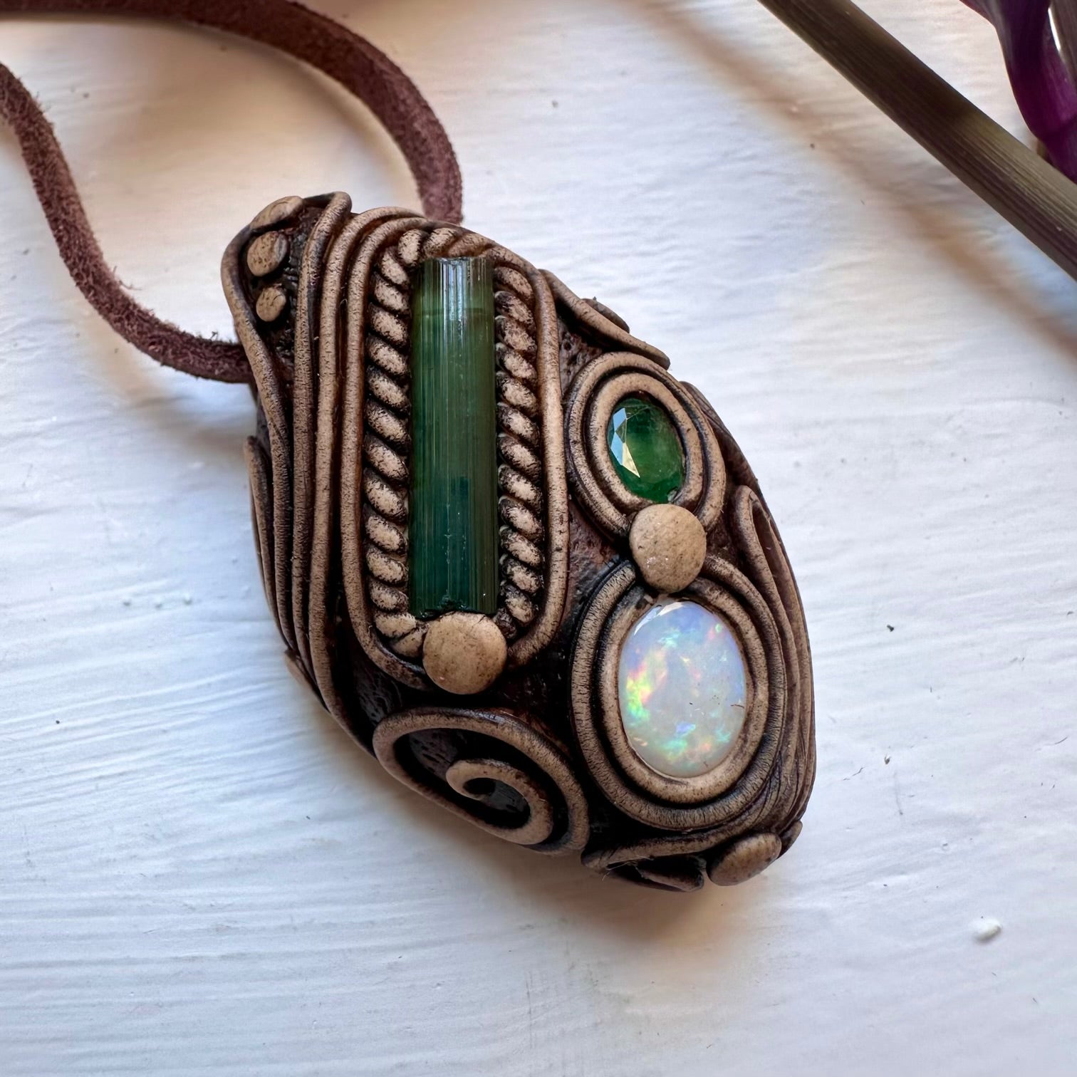 Green Tourmaline Emerald and Australian Opal Necklace - FairyGardenGlow