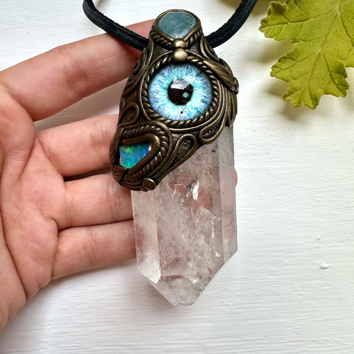 Clear Quartz Aquamarine and Raw Opal Eye Wand / Pendant - FairyGardenGlow