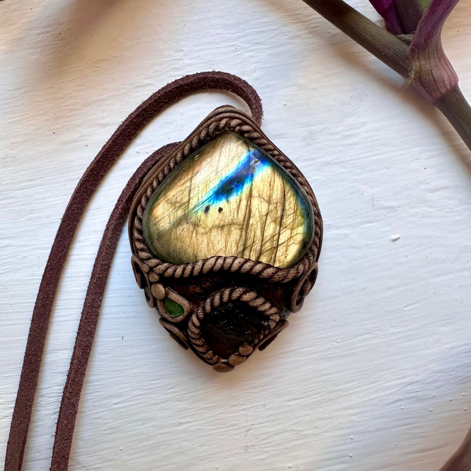 Labradorite Moldavite and Emerald Necklace - FairyGardenGlow