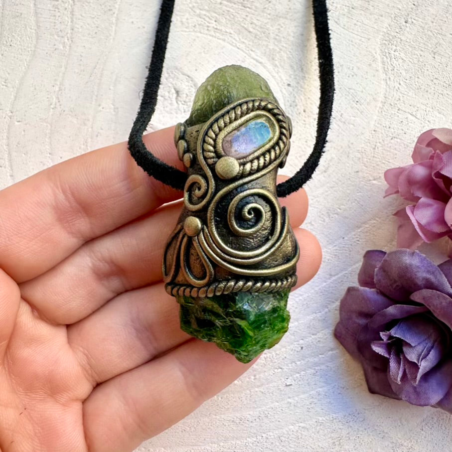 Natural imperfect Chrome Diopside crystal pendant with raw Moldavite flash and pink-green bi-color Tourmaline, handcrafted spiritual ritual talisman.