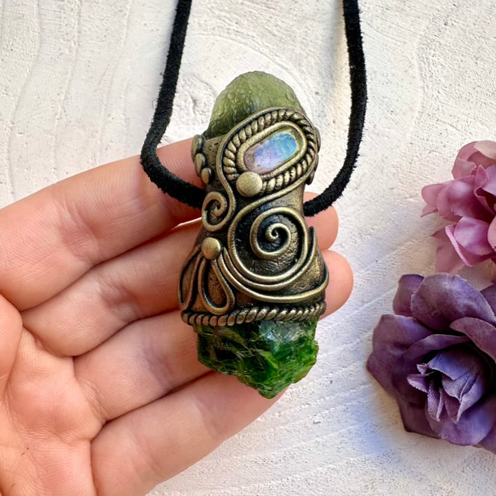 Natural imperfect Chrome Diopside crystal pendant with raw Moldavite flash and pink-green bi-color Tourmaline, handcrafted spiritual ritual talisman.