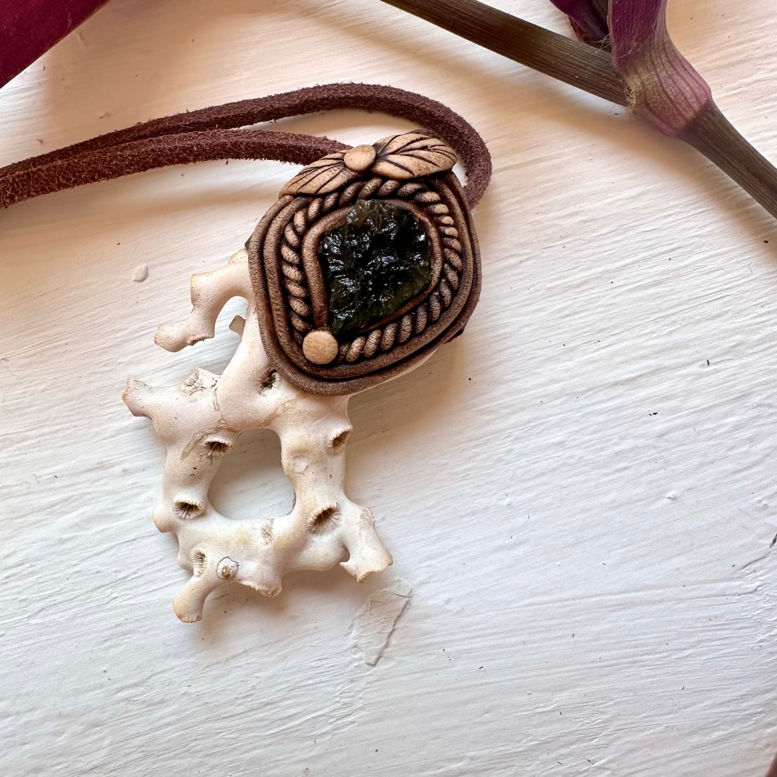 White Coral and Moldavite Pendant Necklace - FairyGardenGlow