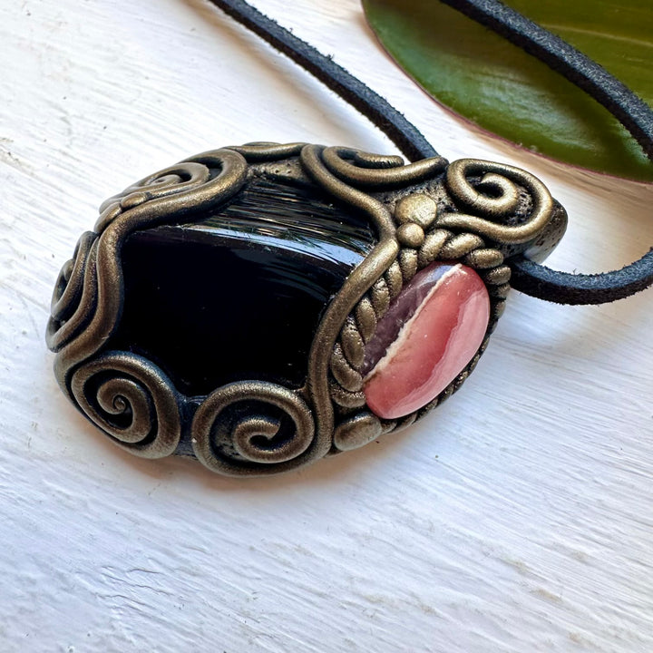 Black Obsidian and Rhodochrosite Necklace - FairyGardenGlow