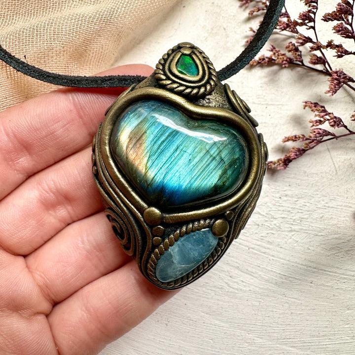 Labradorite Heart Aquamarine and Black Opal Pendant - FairyGardenGlow