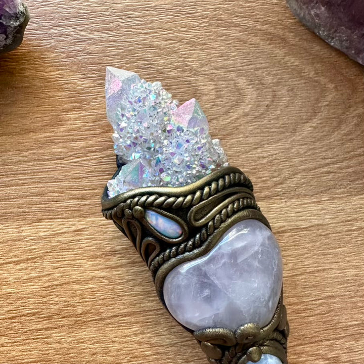 Lavender Fluorite Wand, Angel Aura Spirit Quartz, Rose Quartz Heart, Moonstone and Australian Opal Crystal Wand - FairyGardenGlow