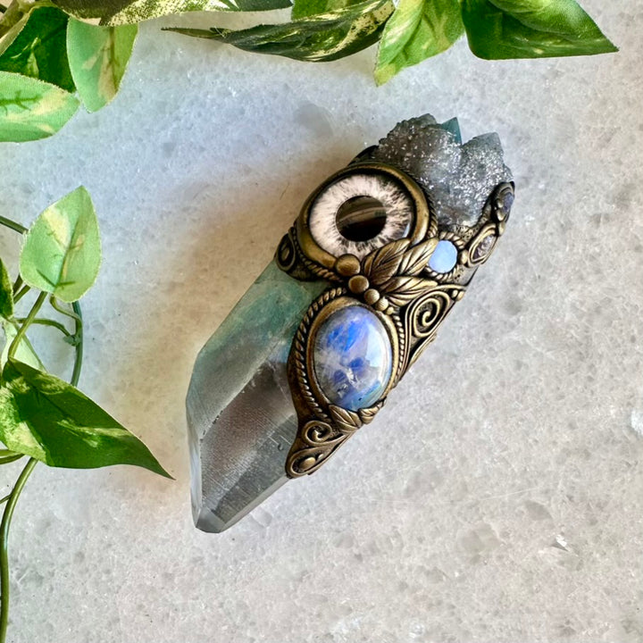 Aqua Aura Quartz Rainbow Moonstone Aqua Aura Spirit Quartz Australian Opal and Tanzanite Third Eye Healing Crystal Wand - FairyGardenGlow