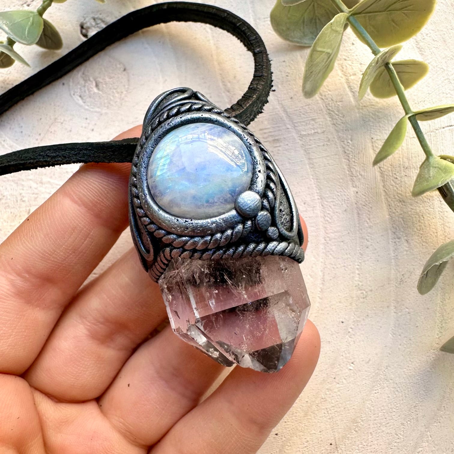 Clear Quartz and Rainbow Moonstone Necklace
