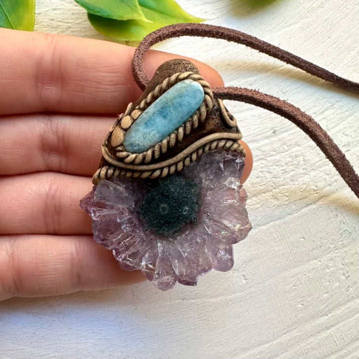 Amethyst Stalactite and Aquamarine Pendant Necklace, Spiritual Jewelry FairyGardenGlow