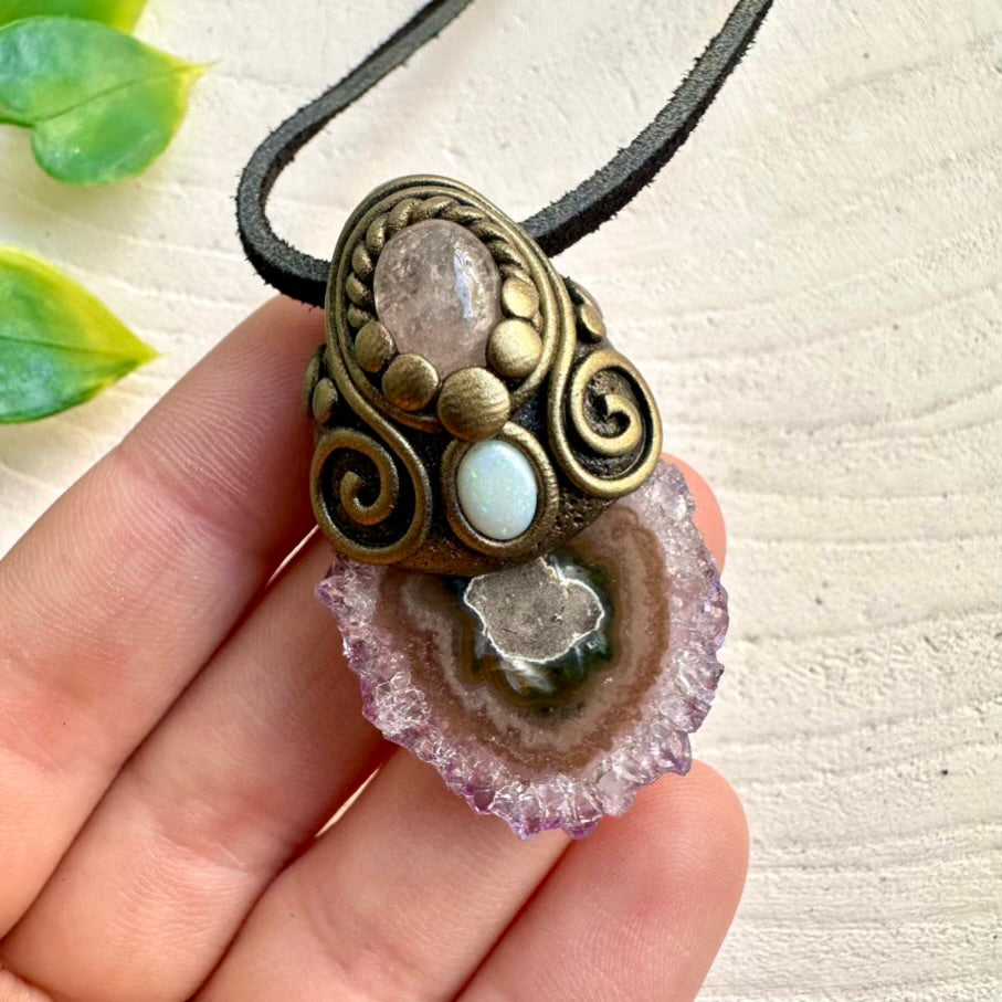 Amethyst Stalactite Australian Opal and Morganite Necklace