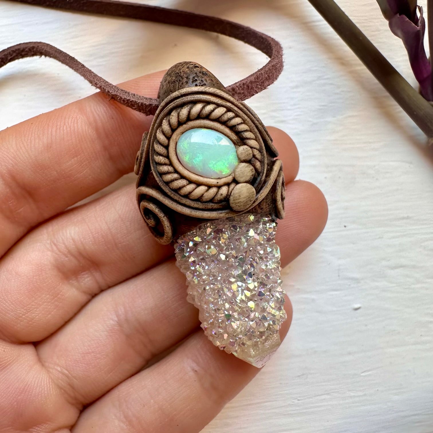 Angel Aura Spirit Quartz and Australian Opal Necklace - FairyGardenGlow