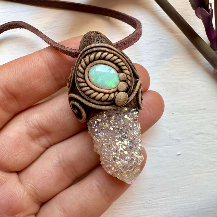 Angel Aura Spirit Quartz and Australian Opal Necklace - FairyGardenGlow