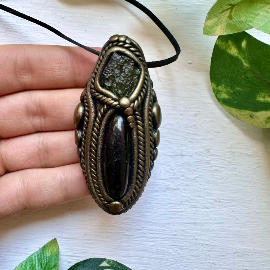 Black Tourmaline and Moldavite Necklace - FairyGardenGlow