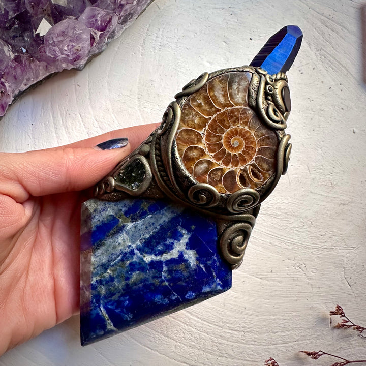 Lapis Lazuli Ammonite Cobalt Aura Quartz Moldavite and Black Onyx Wand / Meditation Focus - FairyGardenGlow