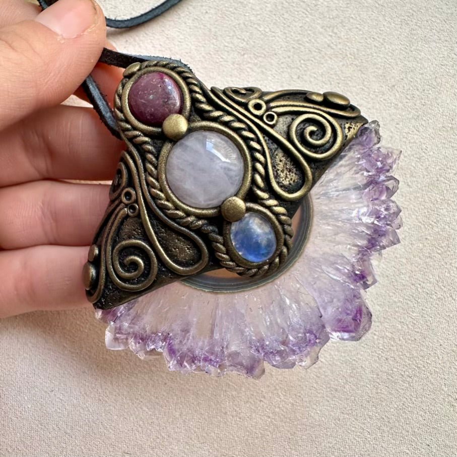 Amethyst Stalactite Ruby Rose Quartz and Rainbow Moonstone Handmade Crystal Necklace - FairyGardenGlow