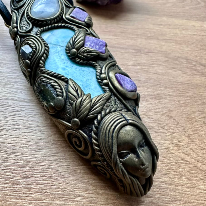 Larimar, Aqua Aura Quartz, Charoite, Rainbow Moonstone, Blue Sapphire and Moldavite Goddess Healing Crystal Talisman / Unique Handmade Wand-Pendant - FairyGardenGlow