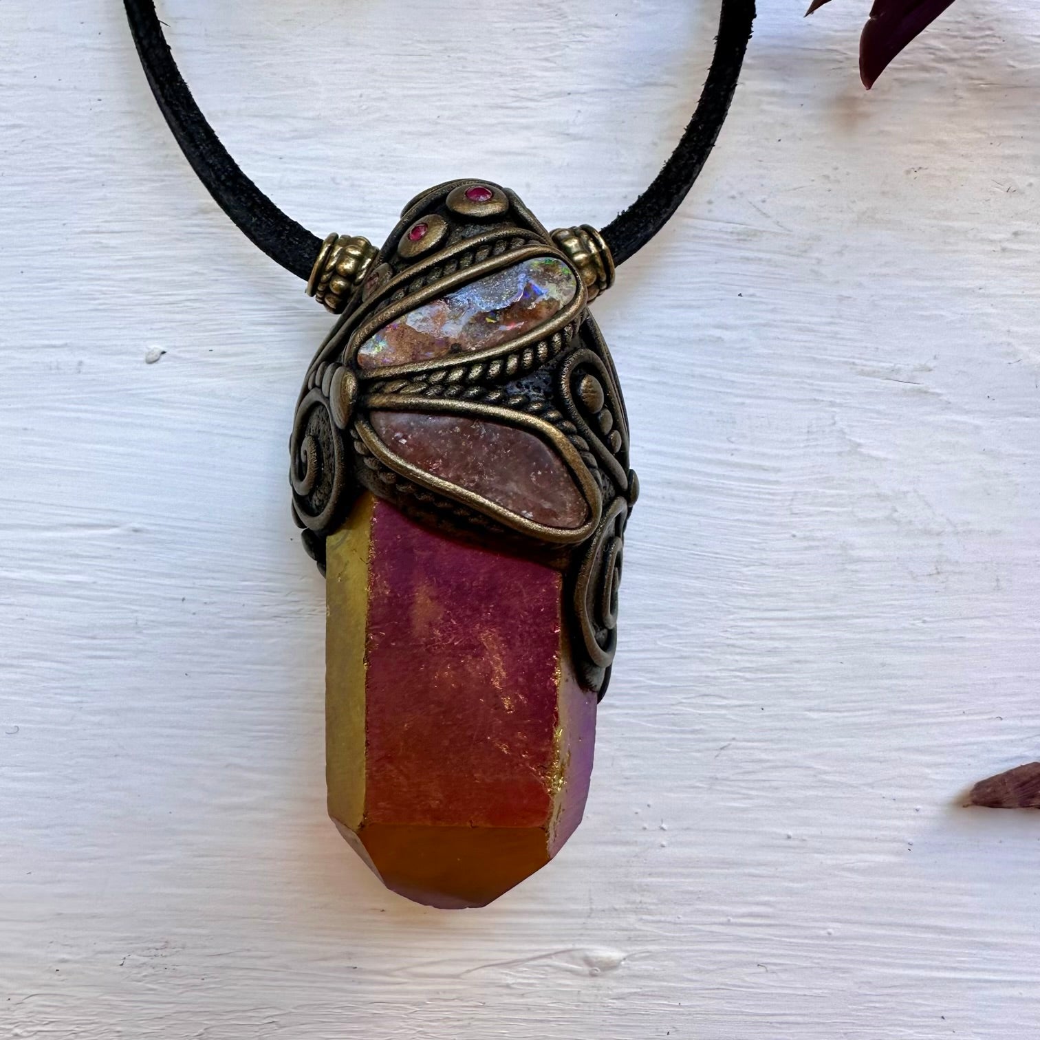 Sunset Aura Quartz Sunstone Boulder Opal and Ruby Wand / Necklace - FairyGardenGlow