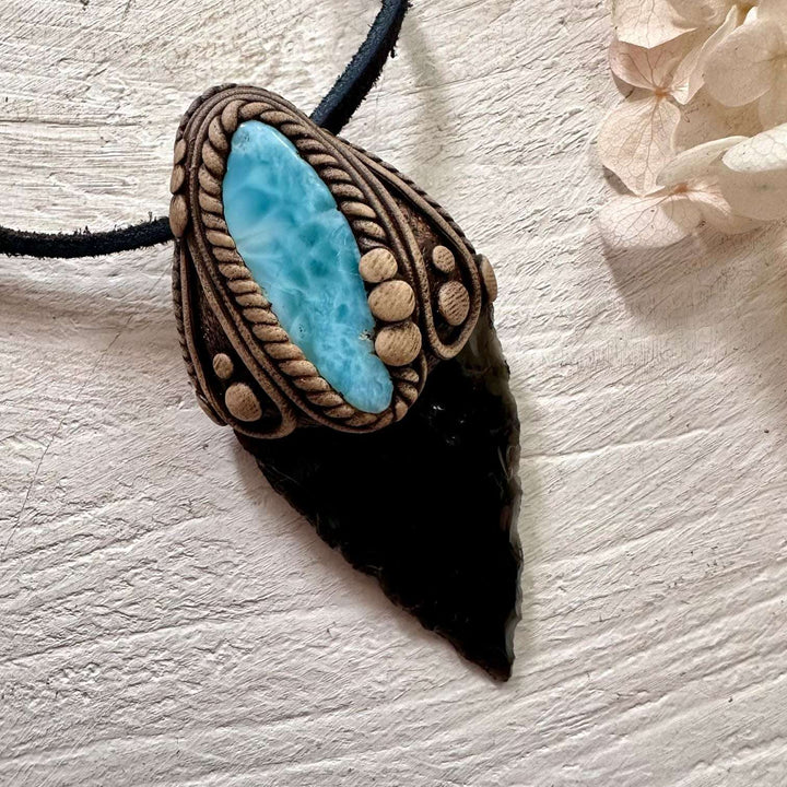 Black Obsidian Arrowhead and Larimar Necklace - FairyGardenGlow