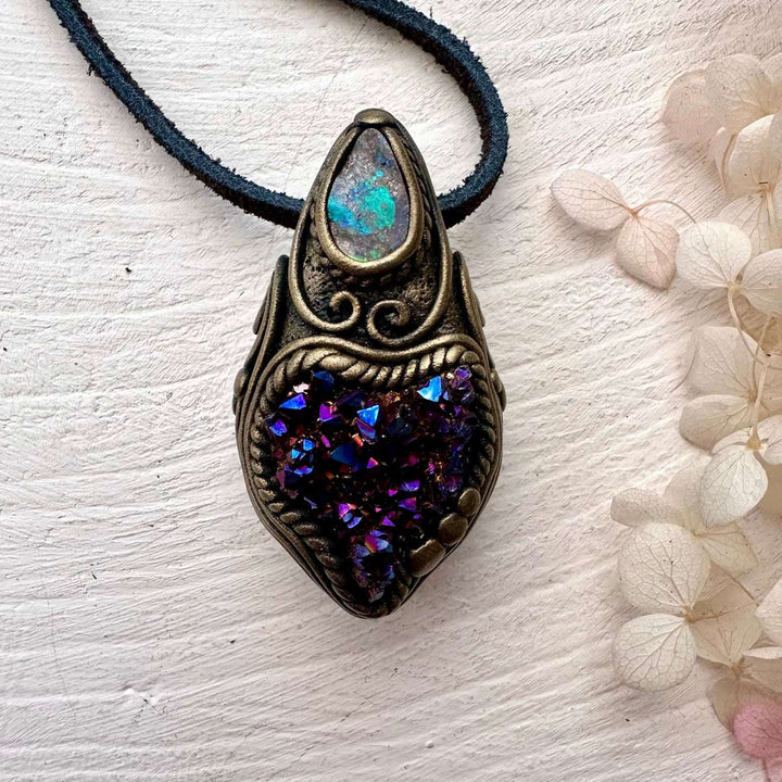 Cobalt Aura Quartz Cluster and Boulder Opal Pendant Necklace - FairyGardenGlow