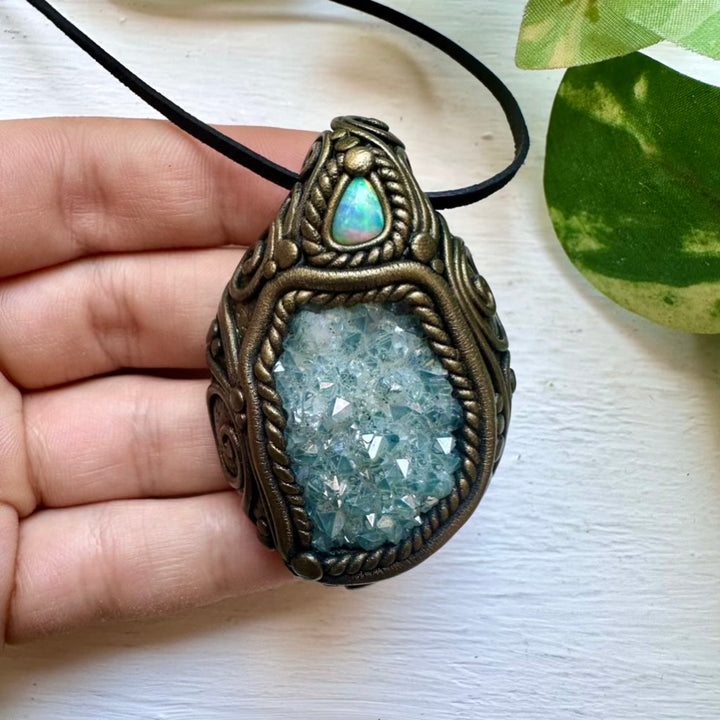 Aqua Aura Quartz Cluster and Australian Opal Necklace - FairyGardenGlow