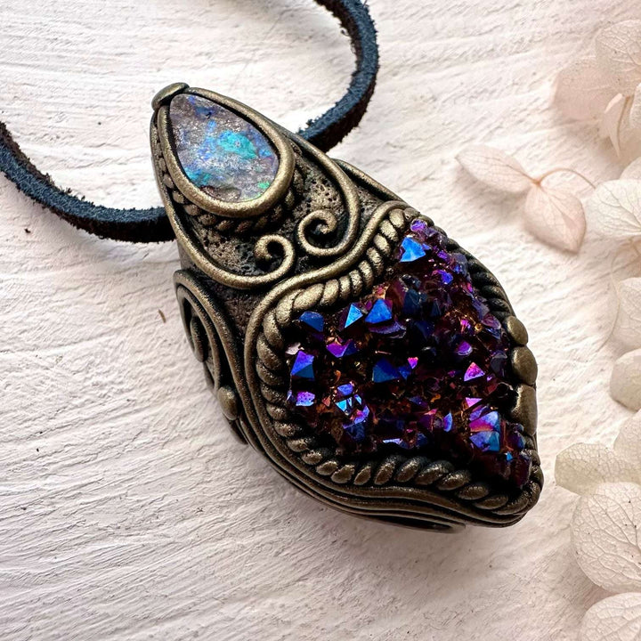 Cobalt Aura Quartz Cluster and Boulder Opal Pendant Necklace - FairyGardenGlow