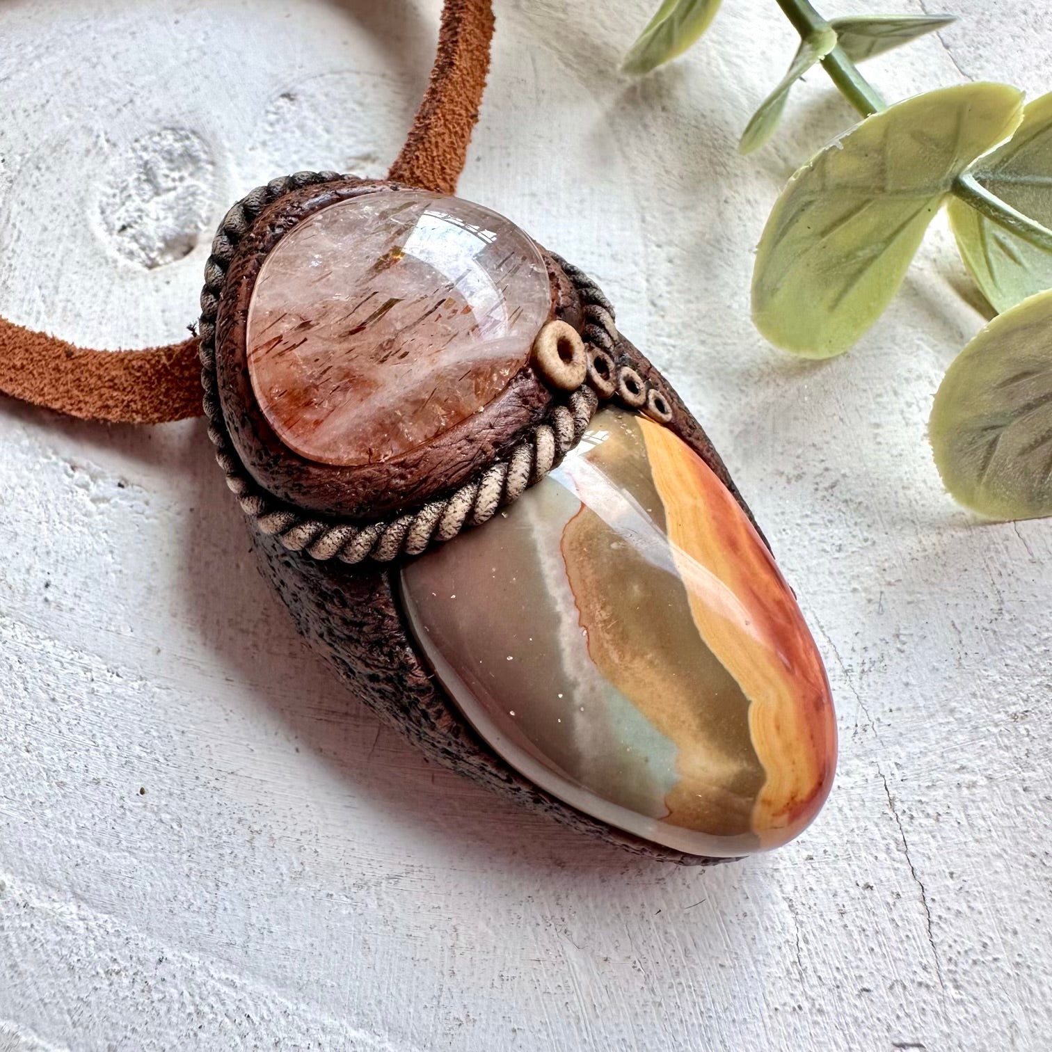 Handmade healing crystal necklace with earthy Polychrome Jasper and sparkling Hematite Quartz.