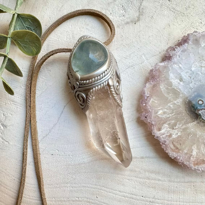 Handmade healing crystal necklace with clear quartz and celestite