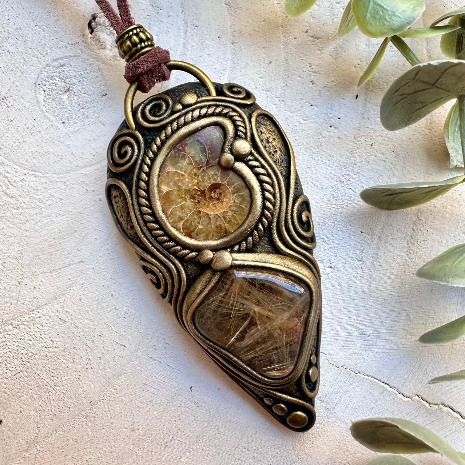 Ammonite and Rutilated Quartz Pendant Necklace