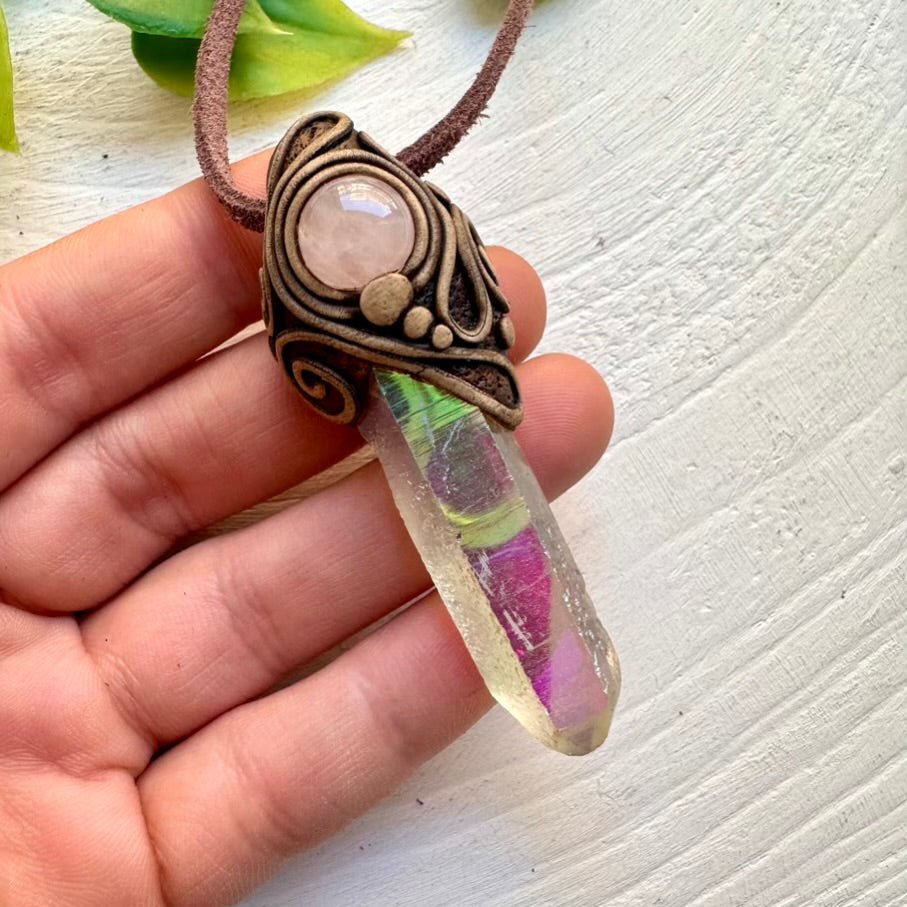Angel Aura Quartz and Rose Quartz Necklace FairyGardenGlow