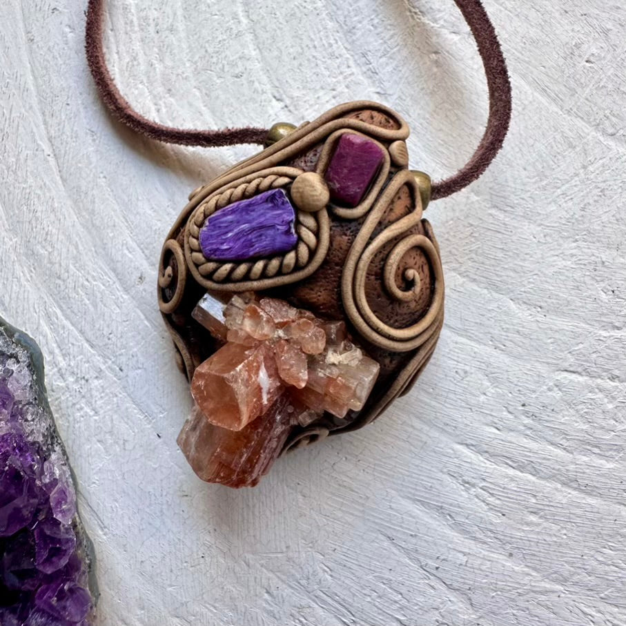 Aragonite Charoite and Ruby Necklace, Handmade Crystal Jewelry