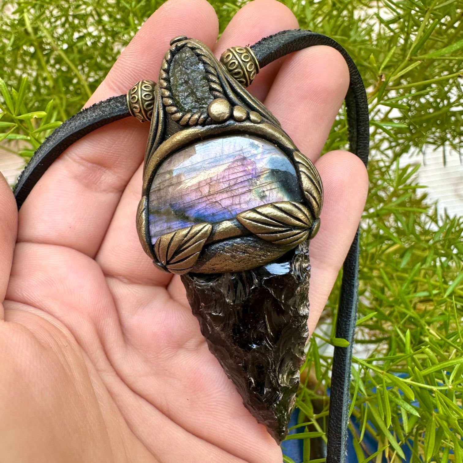 Black Obsidian Arrowhead Moldavite and Labradorite Pendant Necklace - FairyGardenGlow