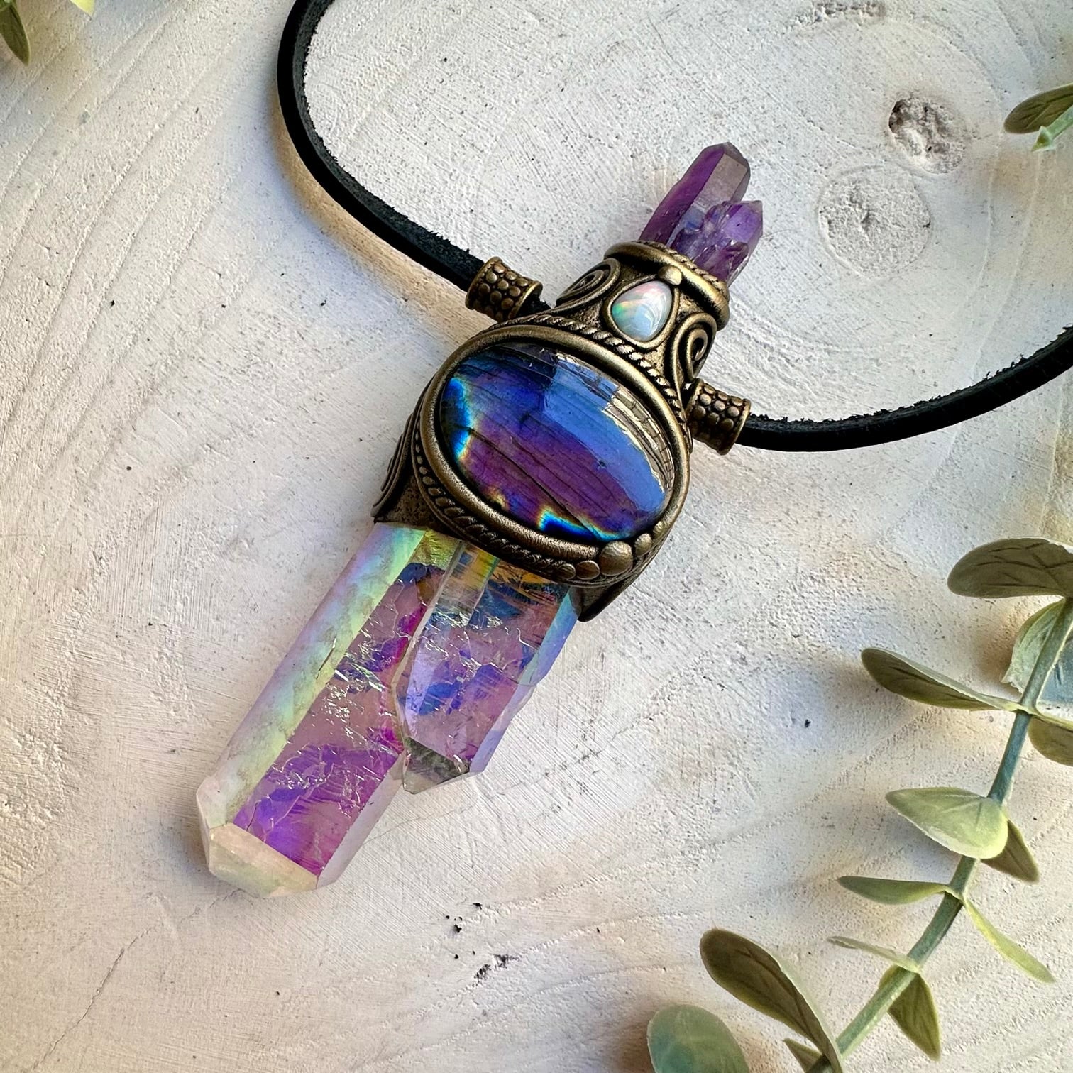 Angel Aura Quartz with Labradorite, Australian Opal and Amethyst Cluster Wand / Pendant