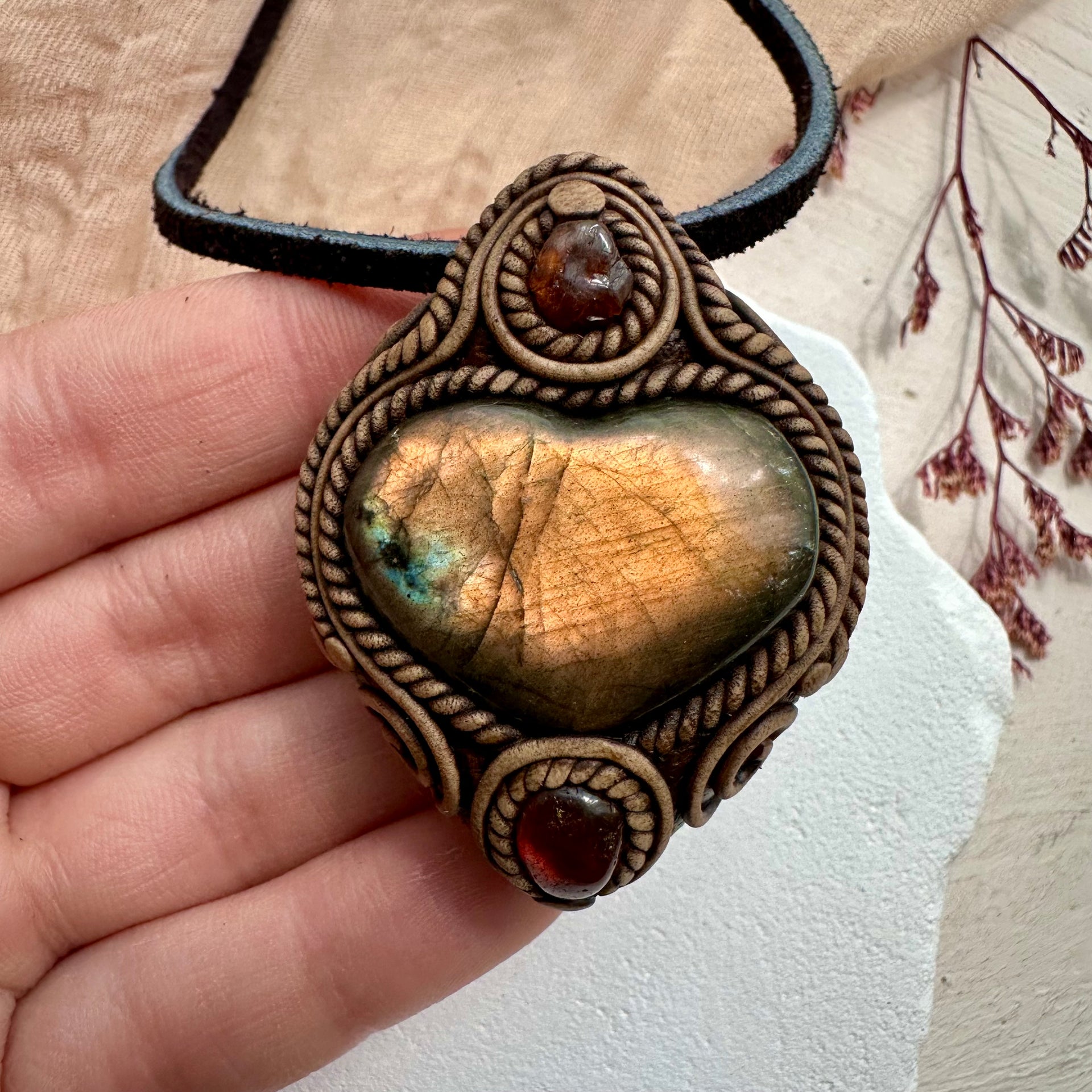 Labradorite Heart Amber and Hessonite Garnet Necklace