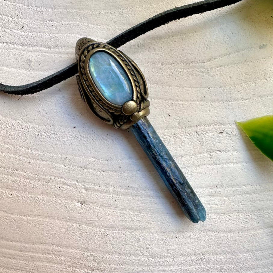 Blue Kyanite and Rainbow Moonstone Pendant Necklace