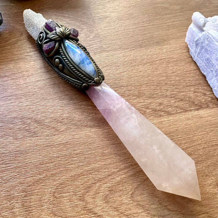 Lavender Fluorite Wand, Rainbow Moonstone, Ruby and Angel Aura Spirit Quartz Crystal Wand - FairyGardenGlow