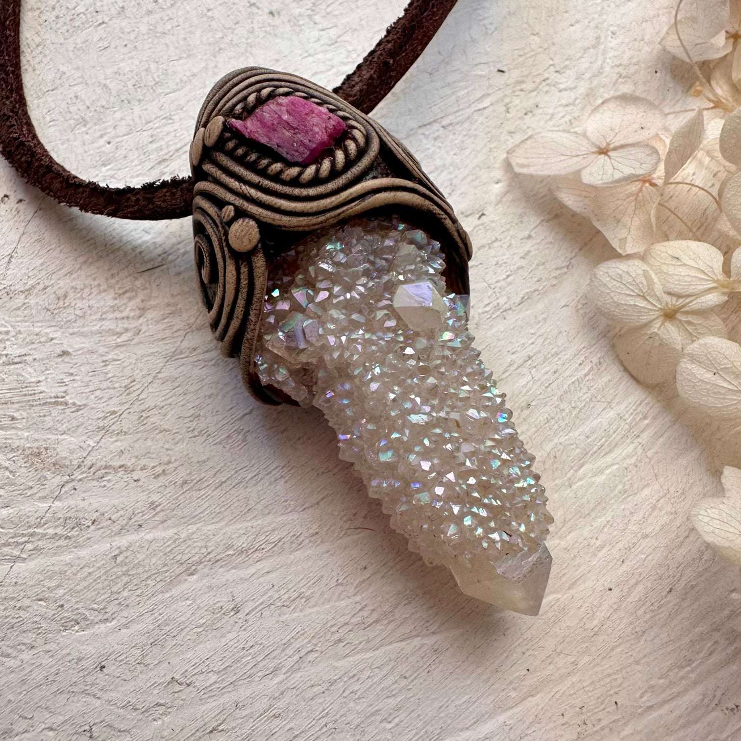 Angel Aura Spirit Quartz and Ruby Pendant Necklace - FairyGardenGlow