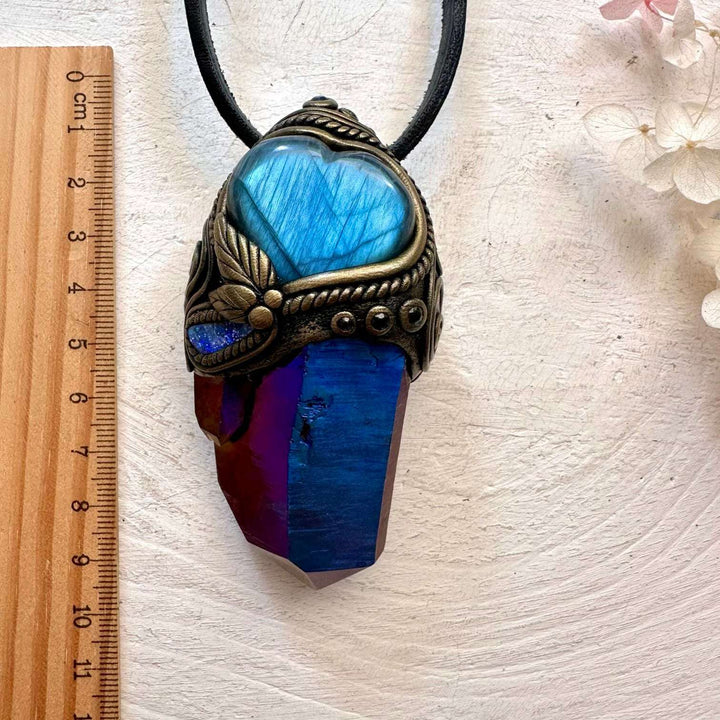 Cobalt Aura Quartz, Blue Labradorite Heart, Boulder Opal and Blue Sapphire Crystal Wand / Unique Crystal Pendant - FairyGardenGlow