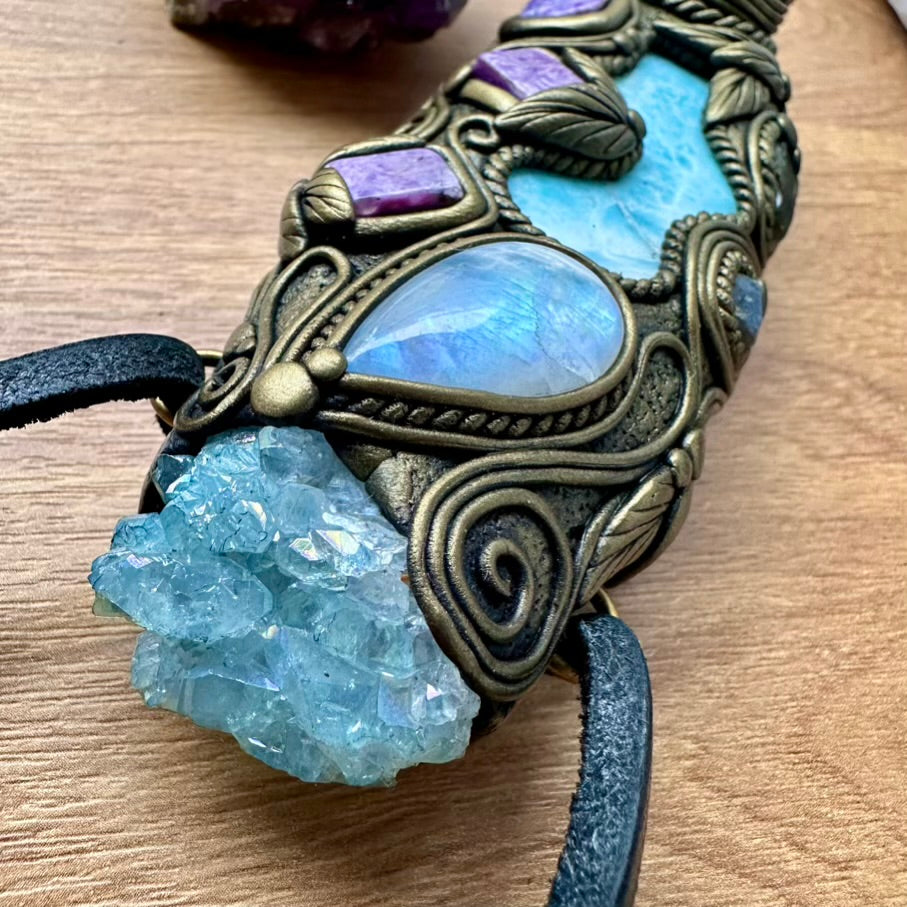Larimar, Aqua Aura Quartz, Charoite, Rainbow Moonstone, Blue Sapphire and Moldavite Goddess Healing Crystal Talisman / Unique Handmade Wand-Pendant - FairyGardenGlow