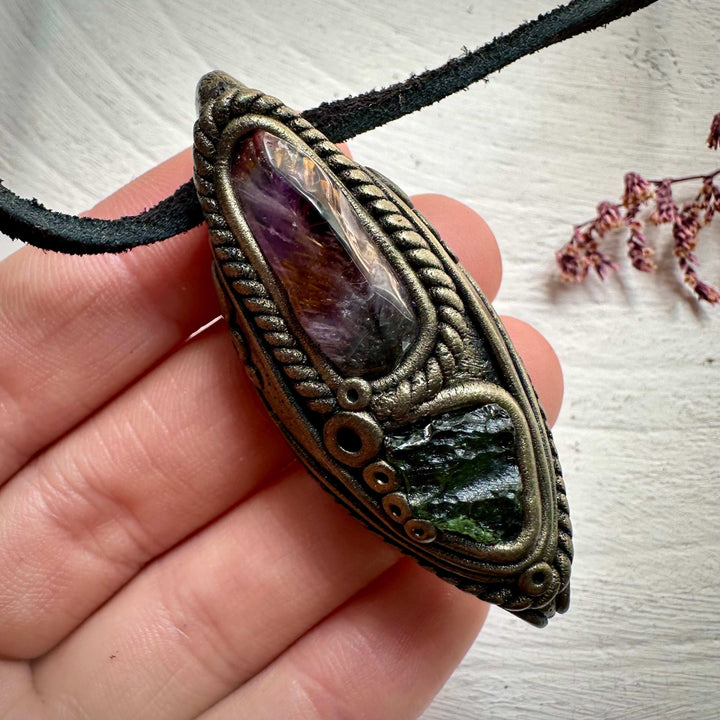 Super Seven Quartz and Moldavite Necklace - FairyGardenGlow