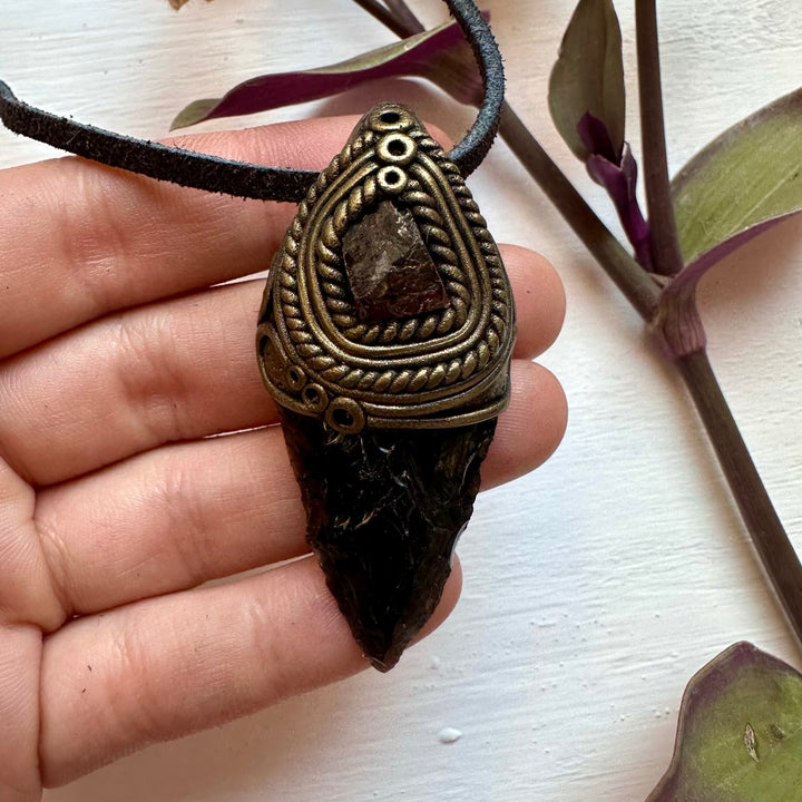 Black Obsidian Arrowhead and Red Garnet Necklace - FairyGardenGlow
