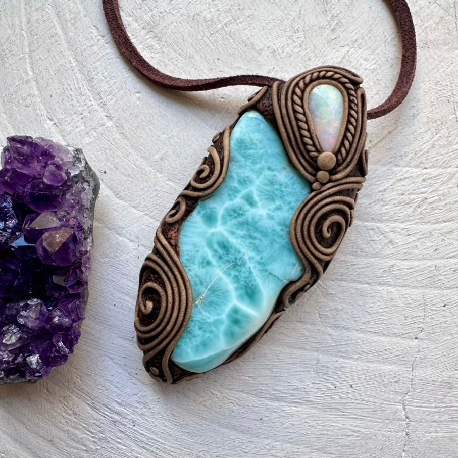 Large Larimar and Australian Opal Pendant Necklace, Healing Crystal Jewelry FairyGardenGlow