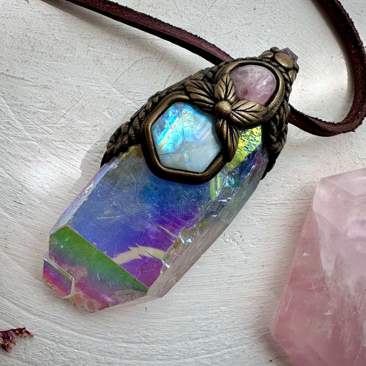 Crystal Wand / Pendant, Angel Aura Quartz Rainbow Moonstone, Rose Quartz, Raw Ruby - FairyGardenGlow