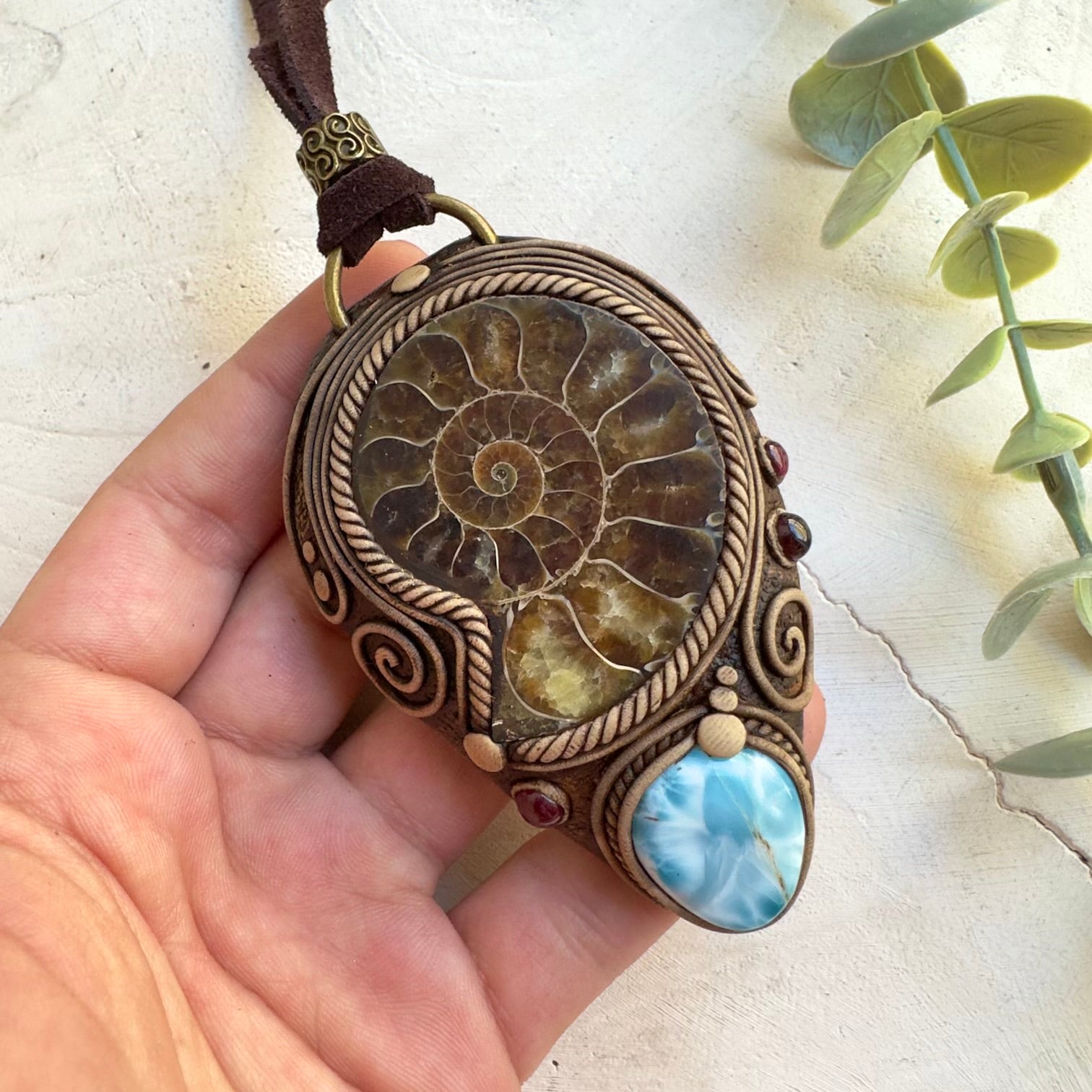Handmade spiritual jewelry with ammonite and garnet
