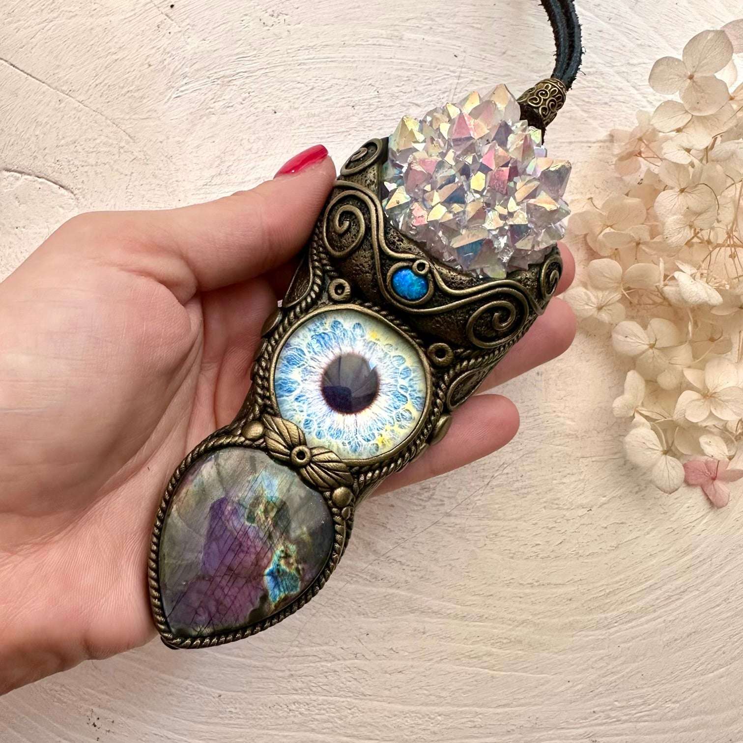 Angel Aura Amethyst Cluster Purple Labradorite and Australian Opal Eye Wand / Pendant - FairyGardenGlow