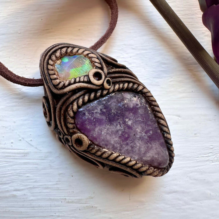 Lepidolite and Raw Opal Necklace - FairyGardenGlow