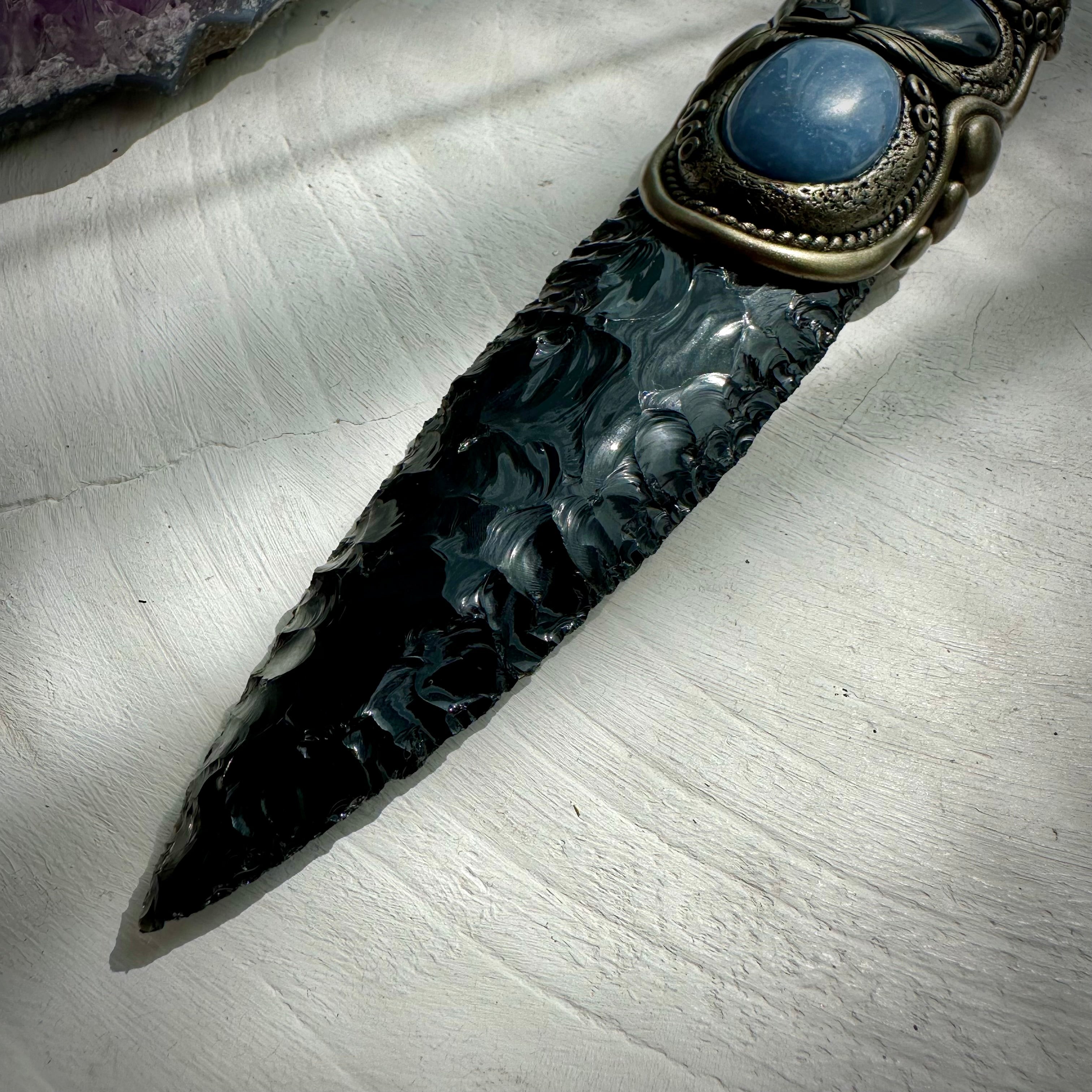 Black Obsidian Arrowhead with Aqua Aura Quartz Labradorite Heart Angelite and Smoky Quartz and Black Onyx Wand - FairyGardenGlow